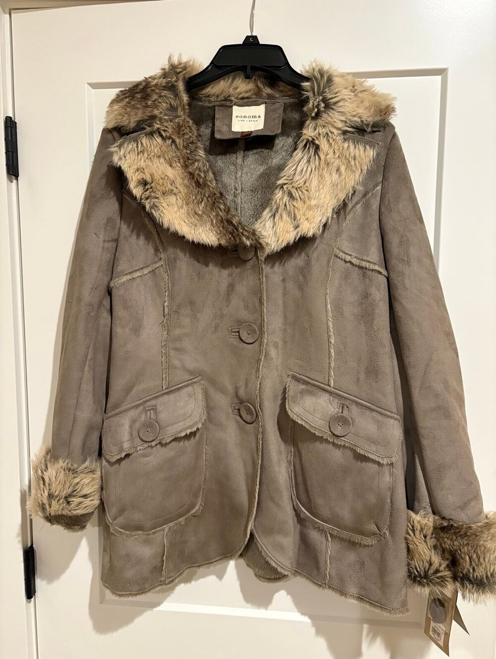 Sonoma Life + Style Faux Suede Coat with Faux Fur Trim – Size Large (NWT)